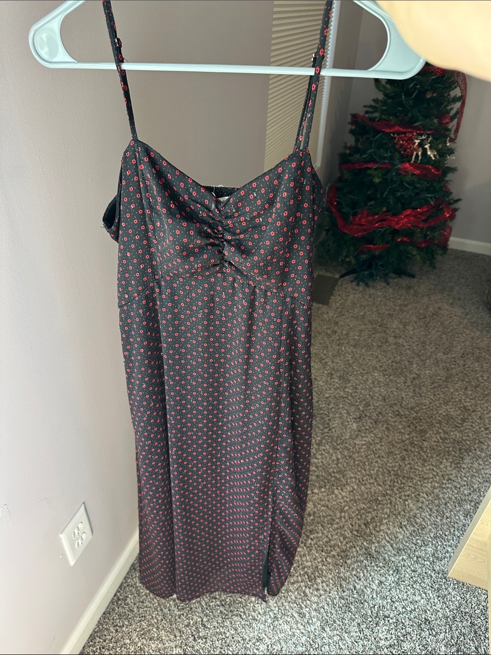 Ruched Bust Midi Slip Dress in Black with Red Floral Print